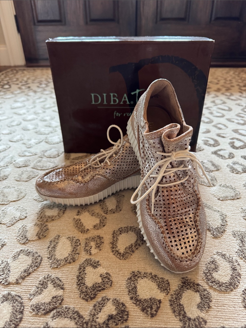 Diba True Soft Leather Perforated Lace-Up Sneaker. Distressed silver.  Like new